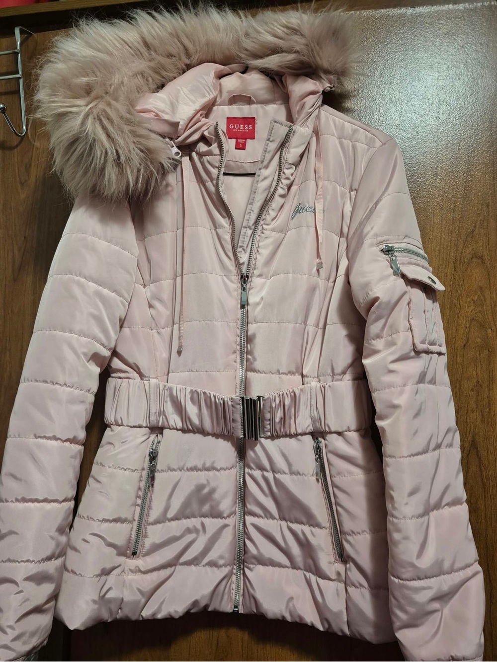 GUESS Pale Pink Quilted Puffer Jacket with Faux Fur Hood
